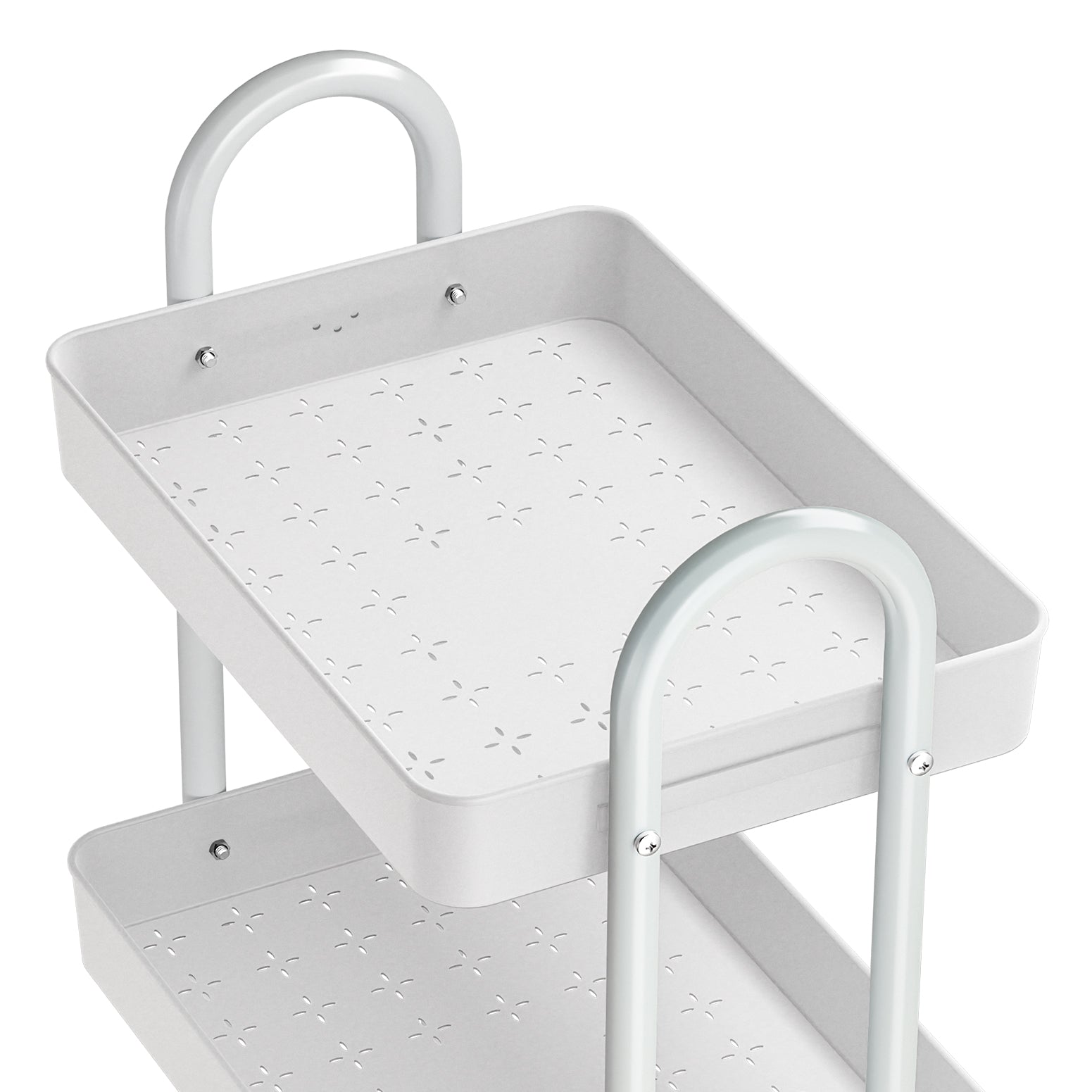 White 3-tier rolling storage trolley kitchen cart with steel frame and smooth caster wheels — view 3