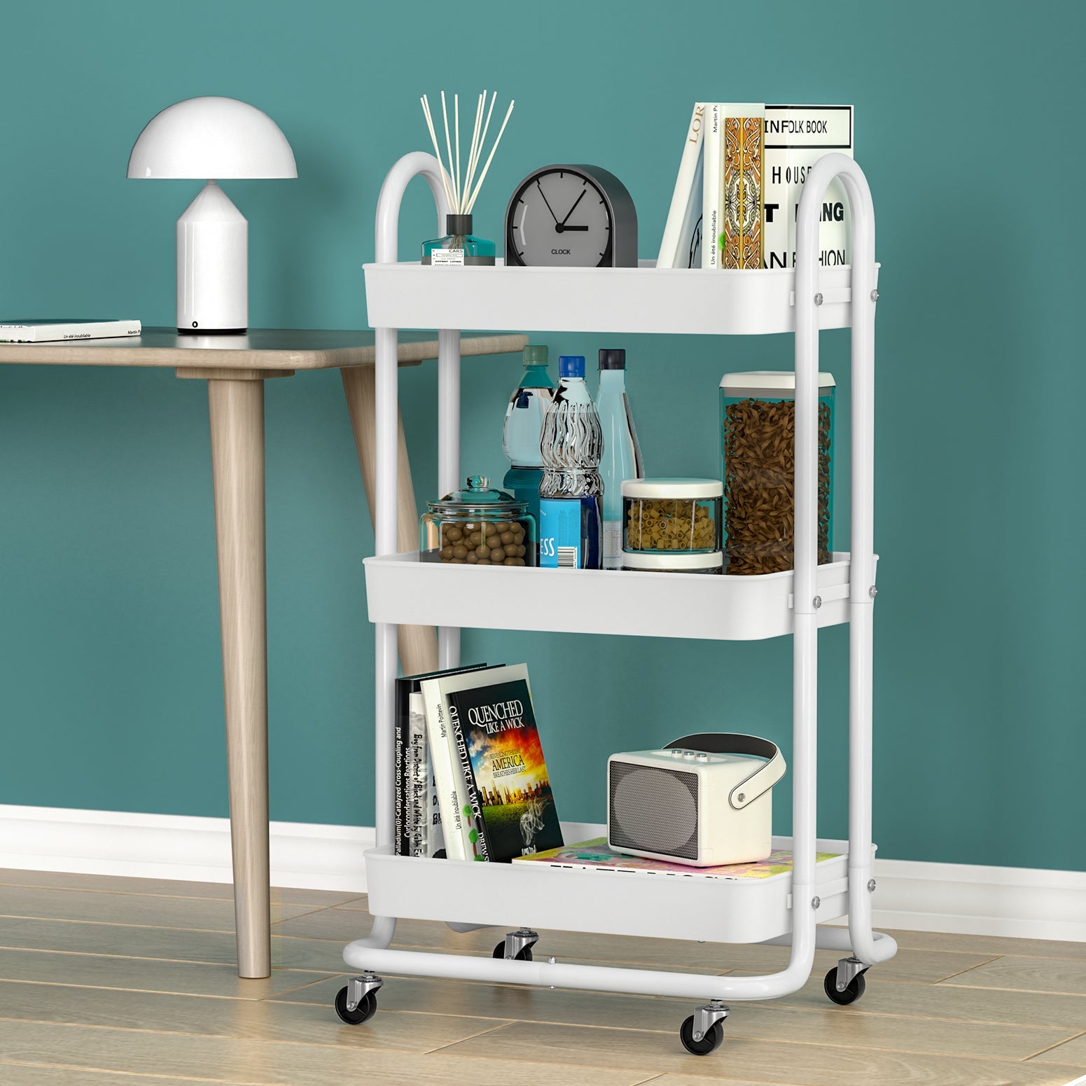 White 3-tier rolling storage trolley kitchen cart with steel frame and smooth caster wheels — view 5