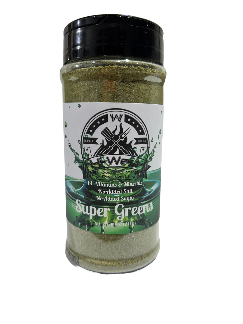 Super greens drink mix powder packaging showing spirulina and essential vitamins for daily gut health.