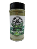 Super greens drink mix powder packaging showing spirulina and essential vitamins for daily gut health.