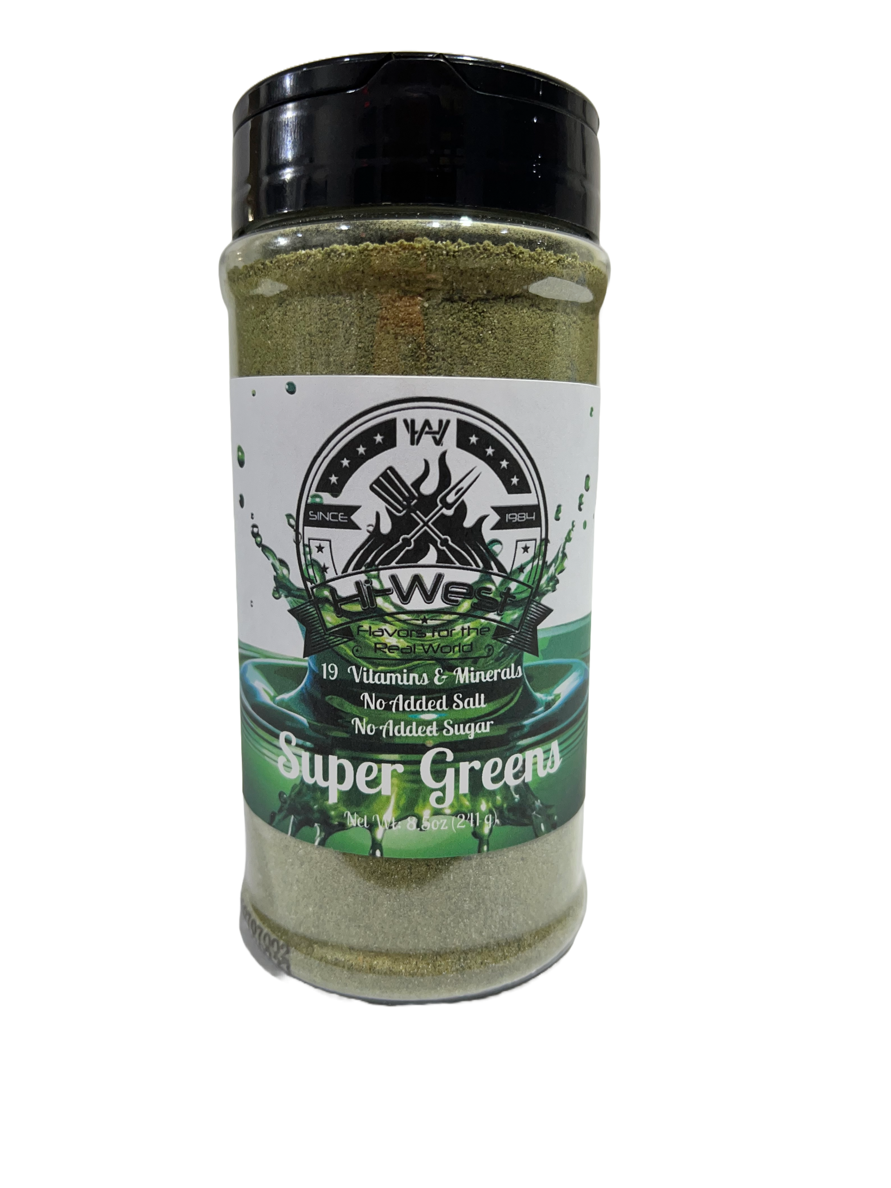 Super greens drink mix powder packaging showing spirulina and essential vitamins for daily gut health.