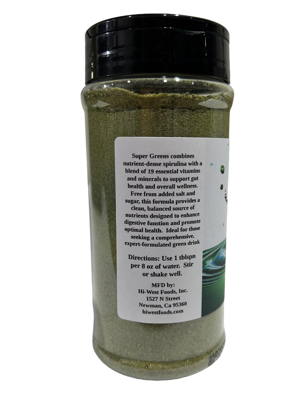 Super greens drink mix powder packaging showing spirulina and essential vitamins for daily gut health. — view 3