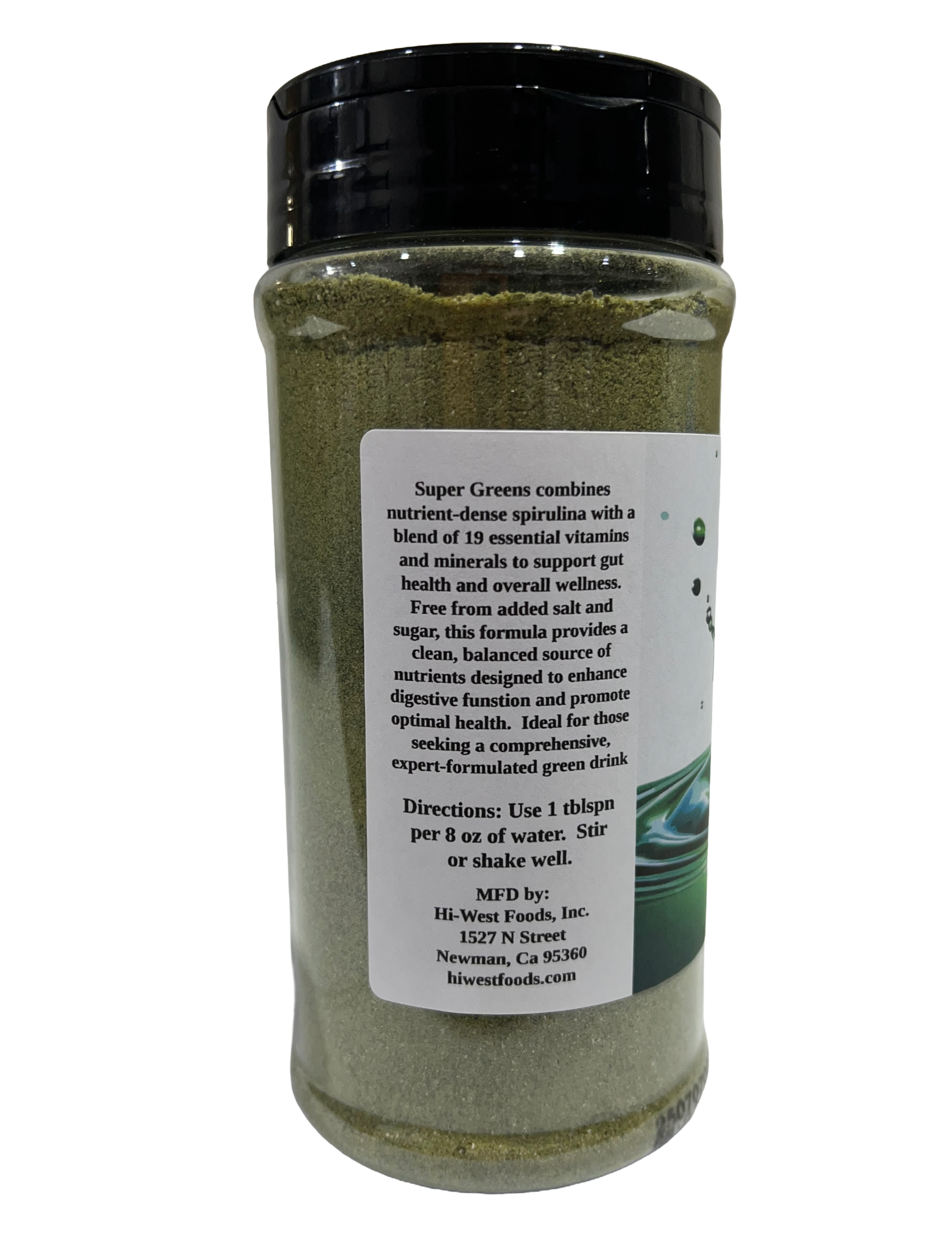 Super greens drink mix powder packaging showing spirulina and essential vitamins for daily gut health. — view 3