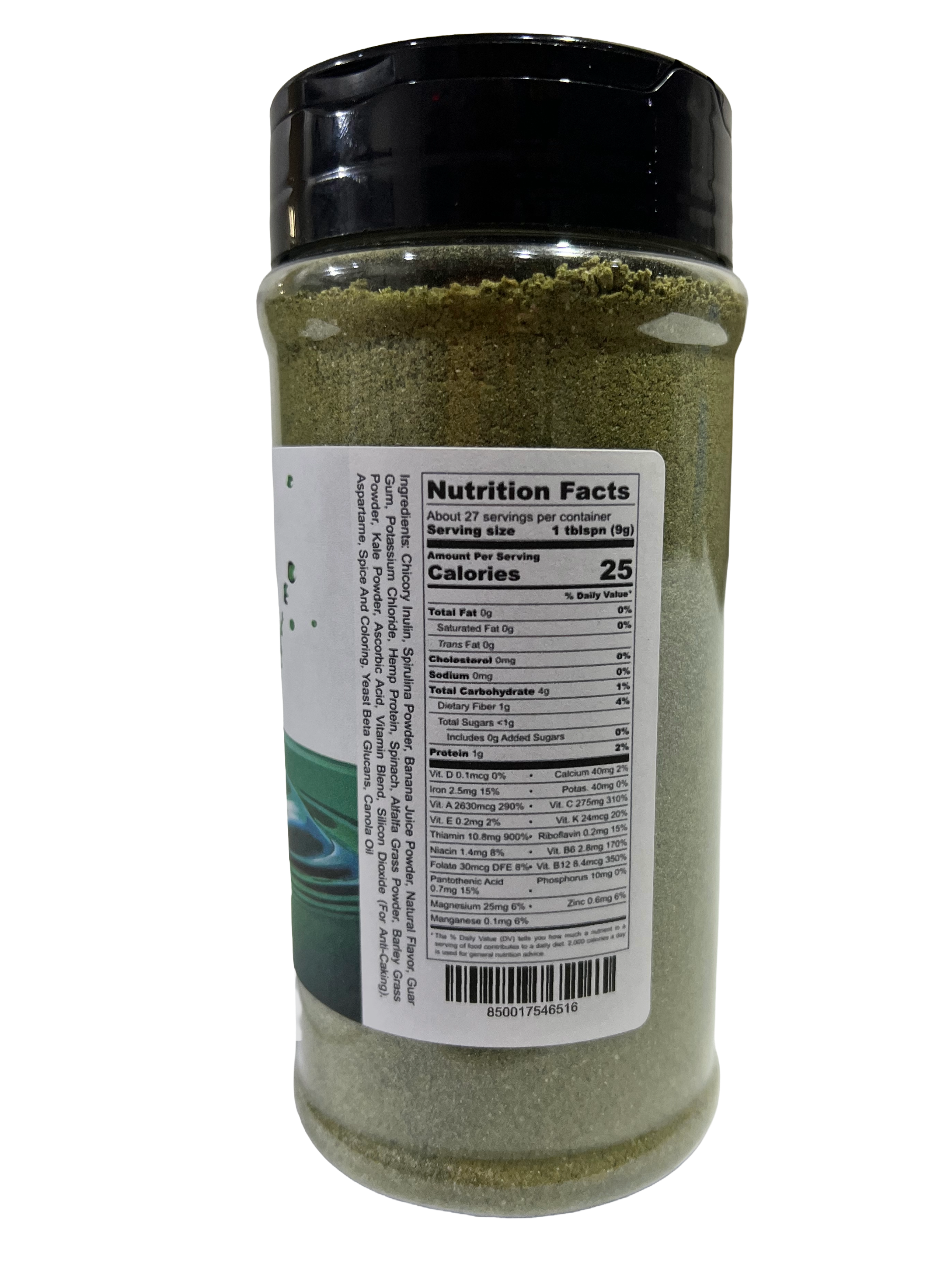 Super greens drink mix powder packaging showing spirulina and essential vitamins for daily gut health. — view 4
