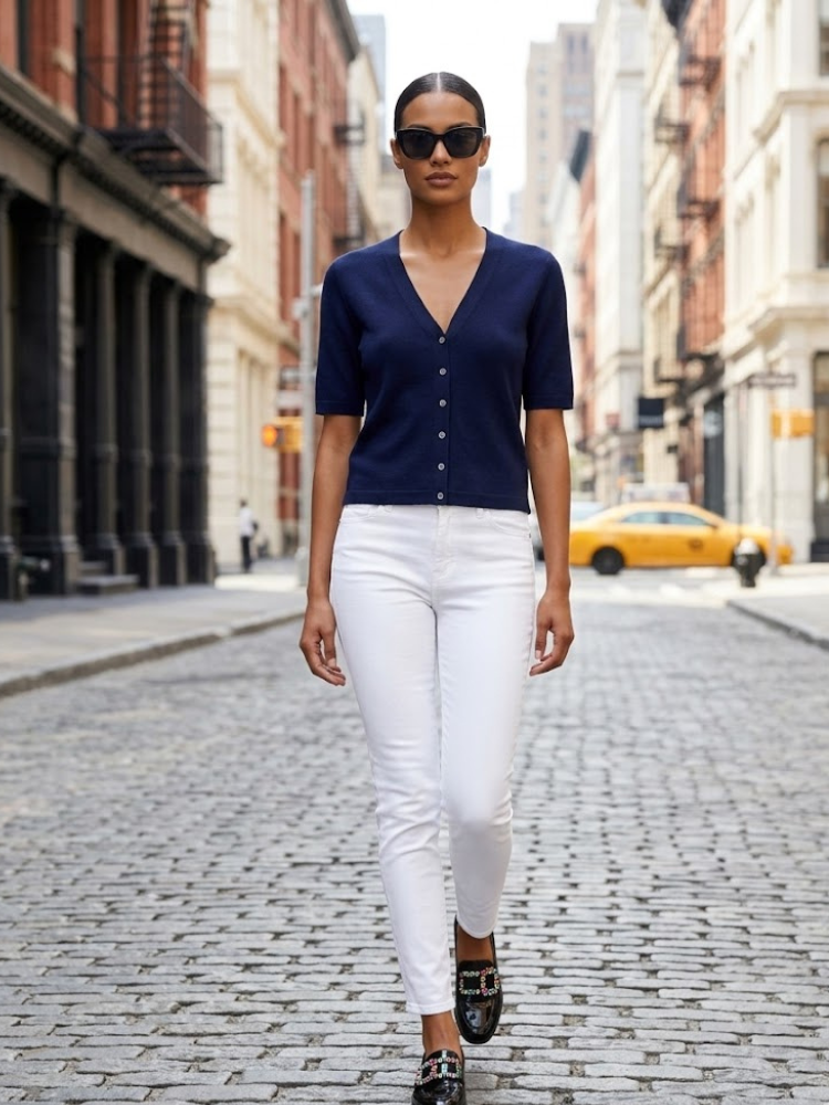 Deep navy blue women's short sleeve sweater cardigan with V-neckline and matching front buttons.