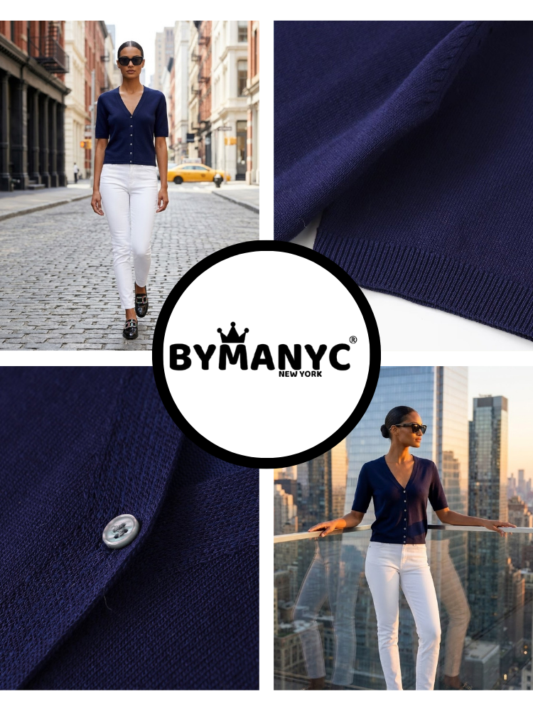 Deep navy blue women's short sleeve sweater cardigan with V-neckline and matching front buttons. — view 3