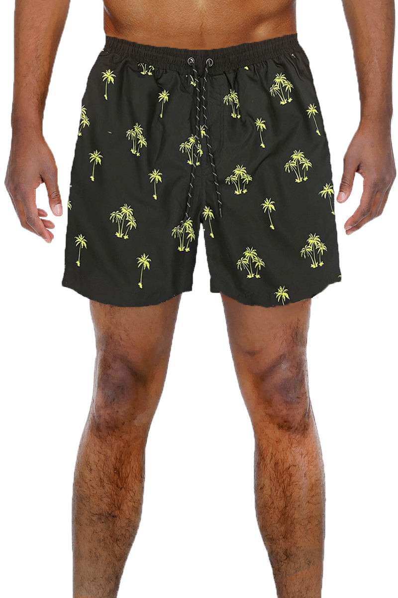 Lime palm print swim shorts for men featuring bright green tropical design and regular fit