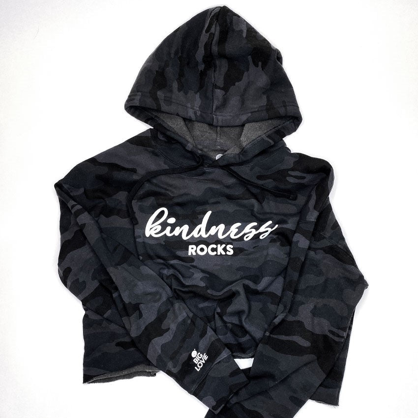 KINDNESS ROCKS HOODIE CROP SWEATSHIRT | BLACK CAMO-1