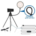 Dimmable LED ring light with attached phone tripod stand for professional video recording and selfies