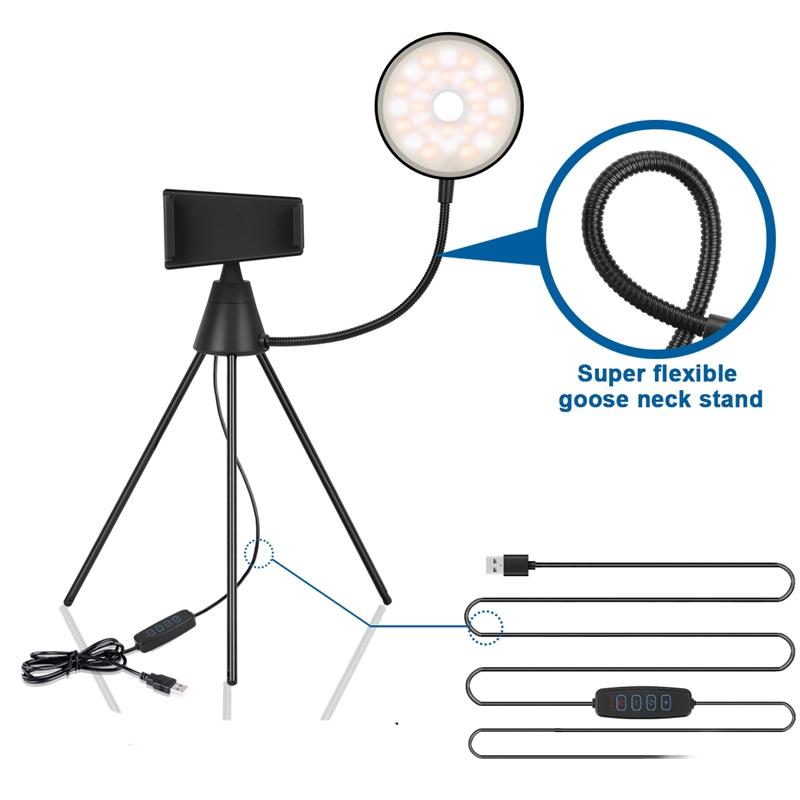 Dimmable LED ring light with attached phone tripod stand for professional video recording and selfies