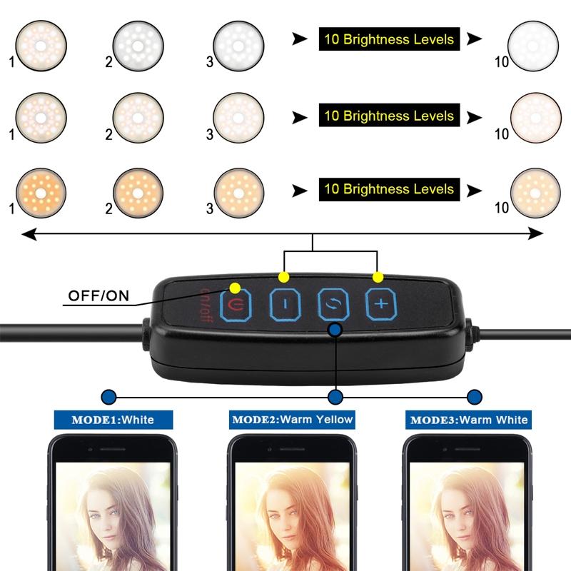 Dimmable LED ring light with attached phone tripod stand for professional video recording and selfies — view 2