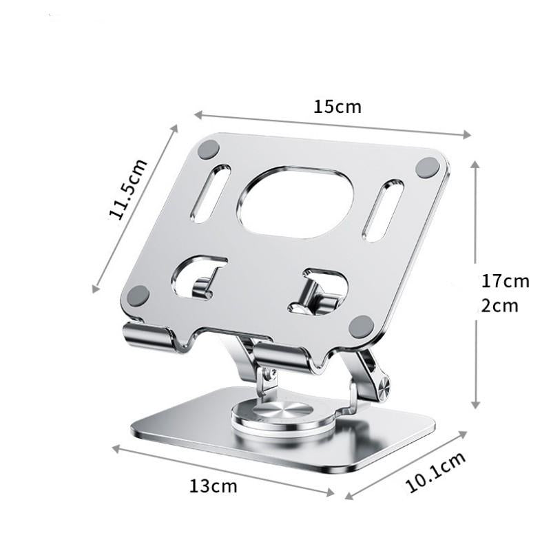 Silver aluminum ergonomic adjustable laptop stand with 360 degree rotation on a white background