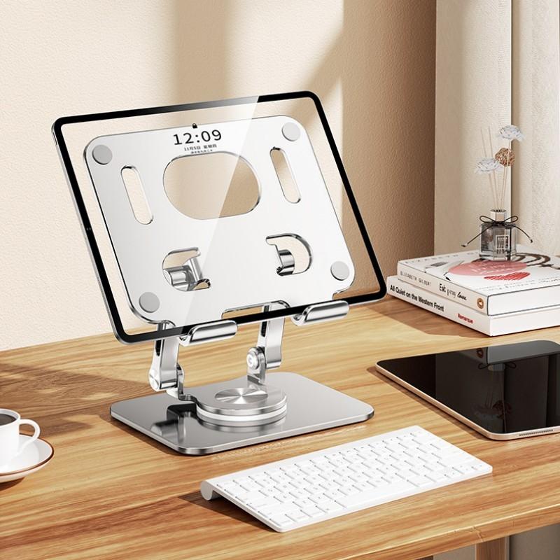 Silver aluminum ergonomic adjustable laptop stand with 360 degree rotation on a white background — view 4