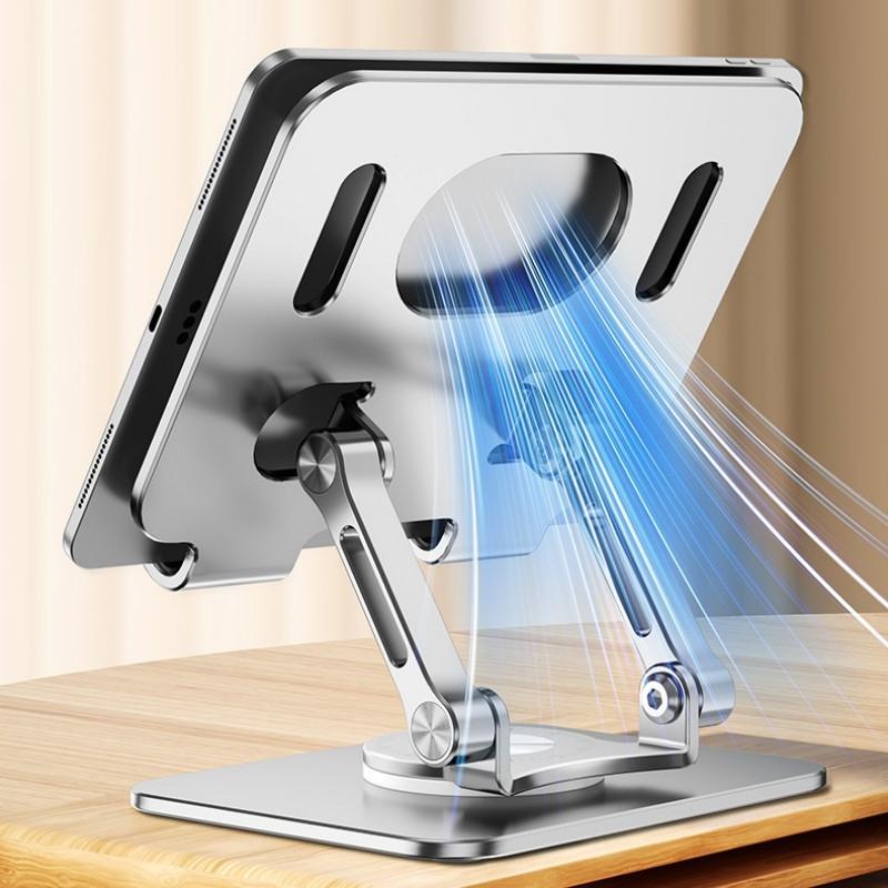 Silver aluminum ergonomic adjustable laptop stand with 360 degree rotation on a white background — view 5