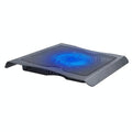 Gaming laptop stand with built in LED cooling fan providing stable ergonomic support on desk
