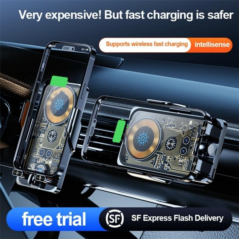 NNEIDS transparent black wireless car charger with automatic infrared sensor aluminum mounting bracket