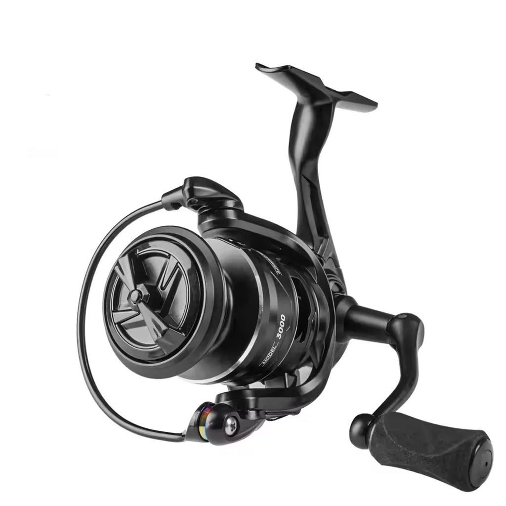 Black 5000 series spinning fishing reel with aluminum handle and carbon drag system