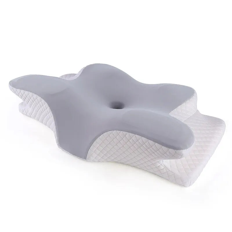 Grey butterfly shaped memory foam pillow with breathable contour design for ergonomic neck support