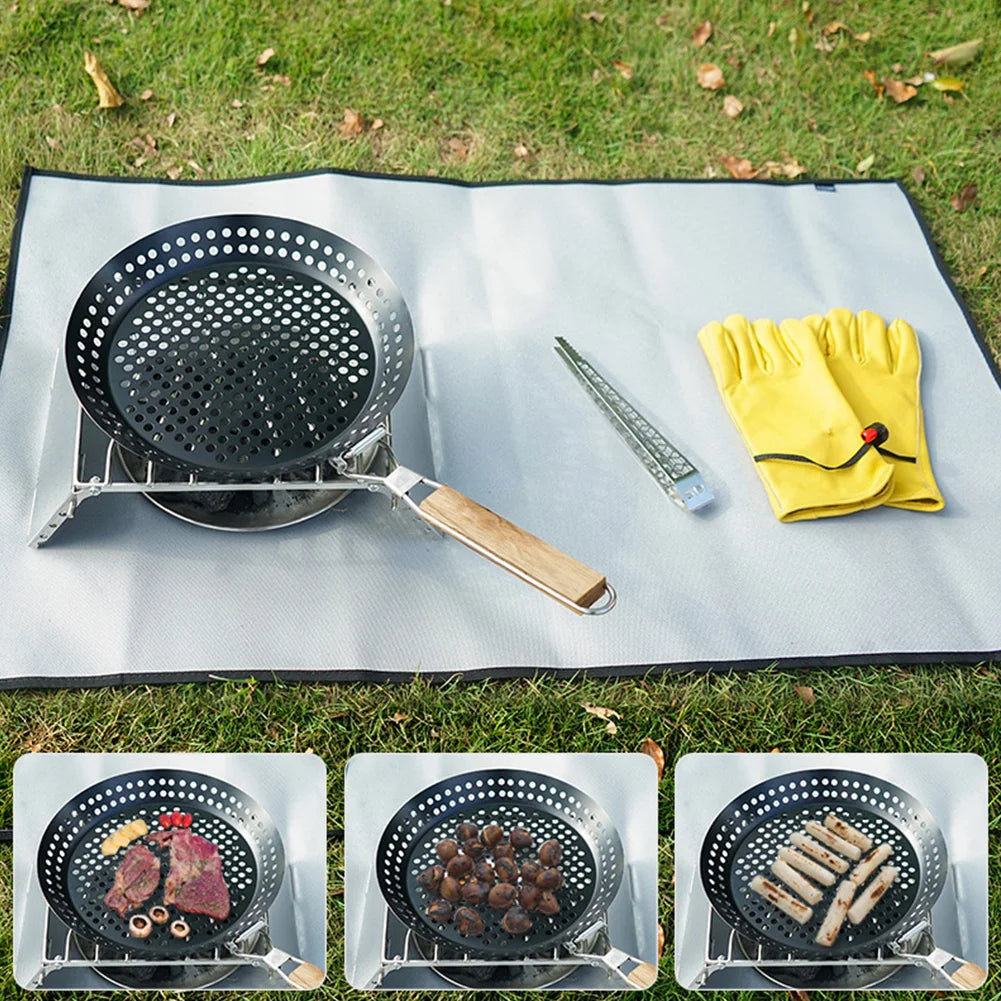 Portable folding handle BBQ frying pan with non-stick round surface for outdoor camping and pizza cooking — view 2