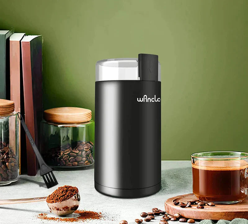 Black 200W electric coffee grinder with transparent lid and stainless steel bowl — view 5