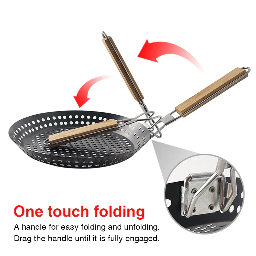 Portable folding handle BBQ frying pan with non-stick round surface for outdoor camping and pizza cooking — view 3