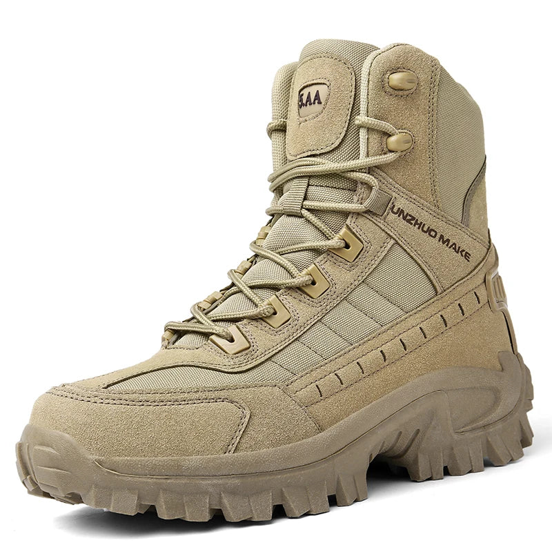 Mens khaki tactical desert work boots featuring lace-up design and durable non-slip rubber soles. — view 3