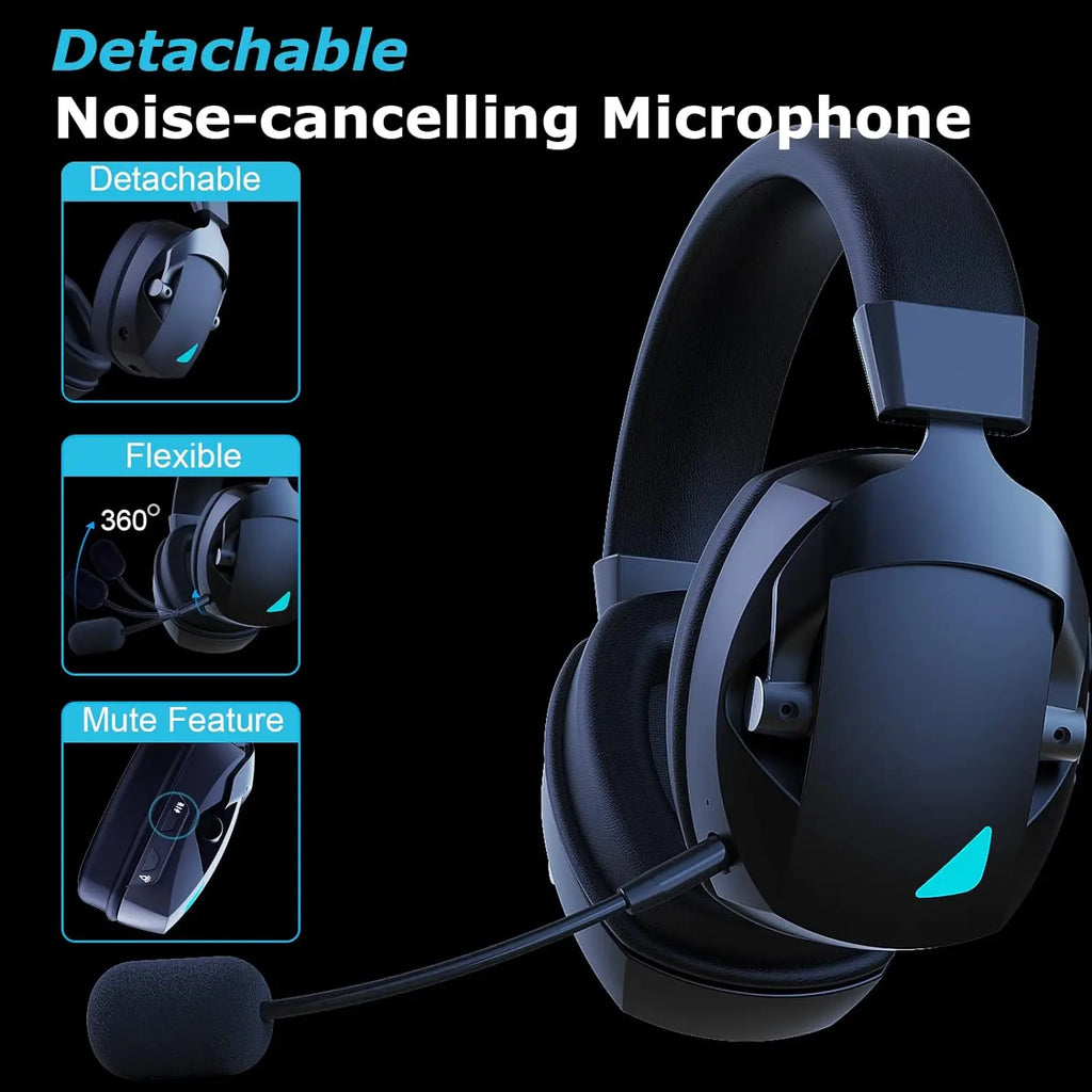 Black NNEOBA wireless gaming headset with cushioned over-ear cups and built-in adjustable microphone — view 5