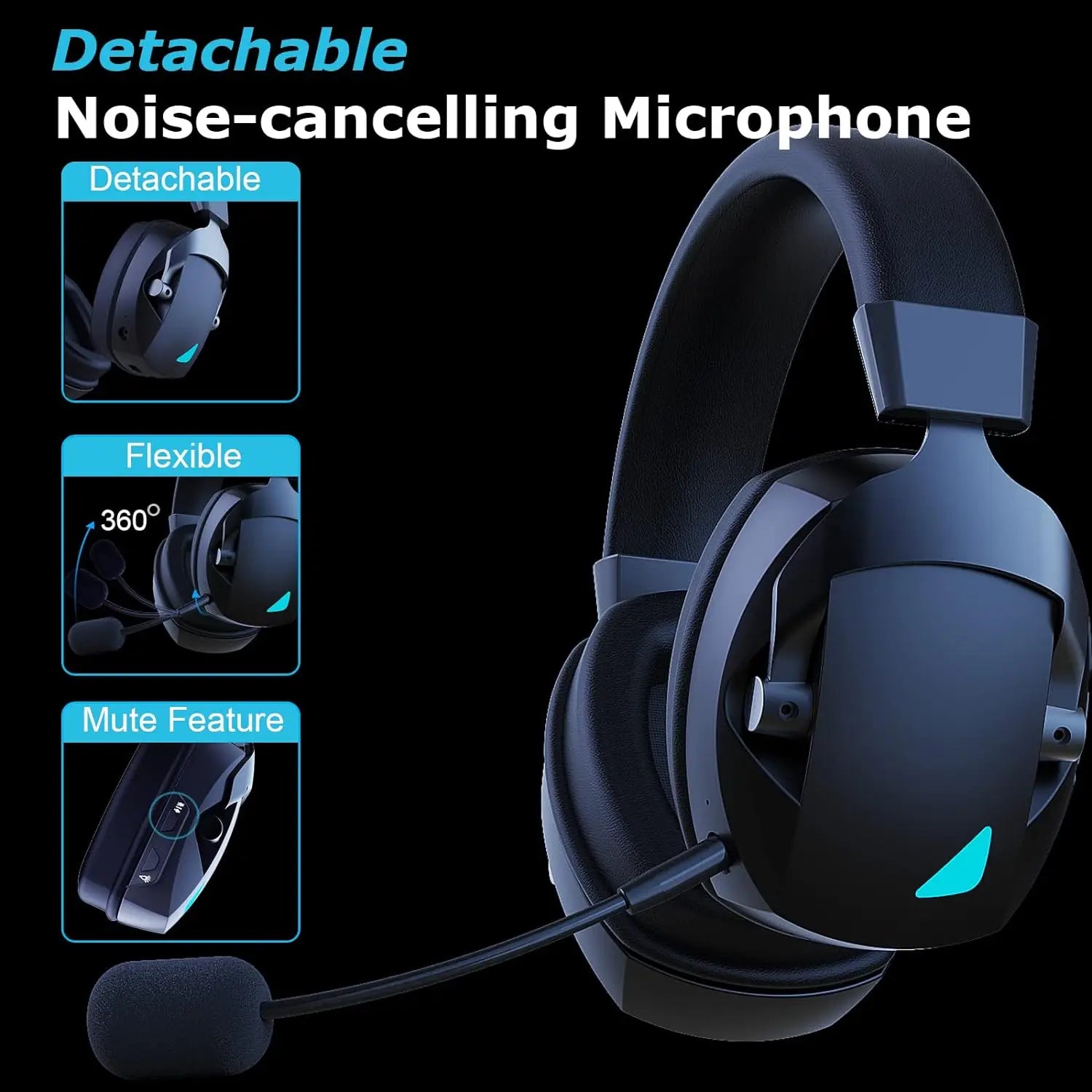 Black NNEOBA wireless gaming headset with cushioned over-ear cups and built-in adjustable microphone — view 5
