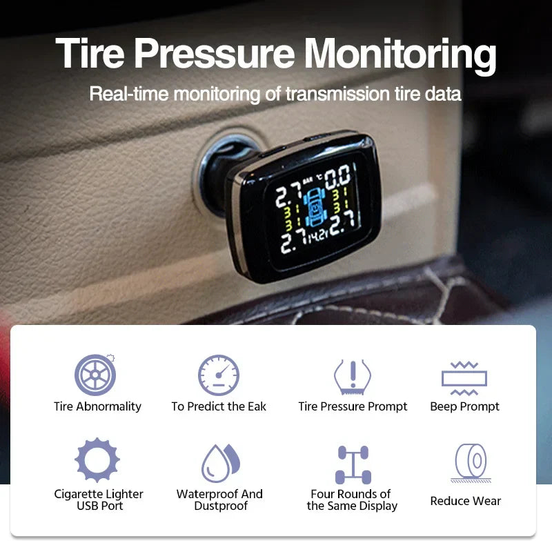 Black wireless tire pressure monitoring system with solar charging LCD display and four waterproof car sensors — view 2