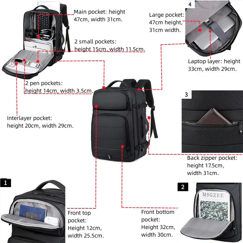 Black expandable 17-inch laptop backpack featuring waterproof fabric, multiple pockets, and adjustable padded shoulder straps — view 4