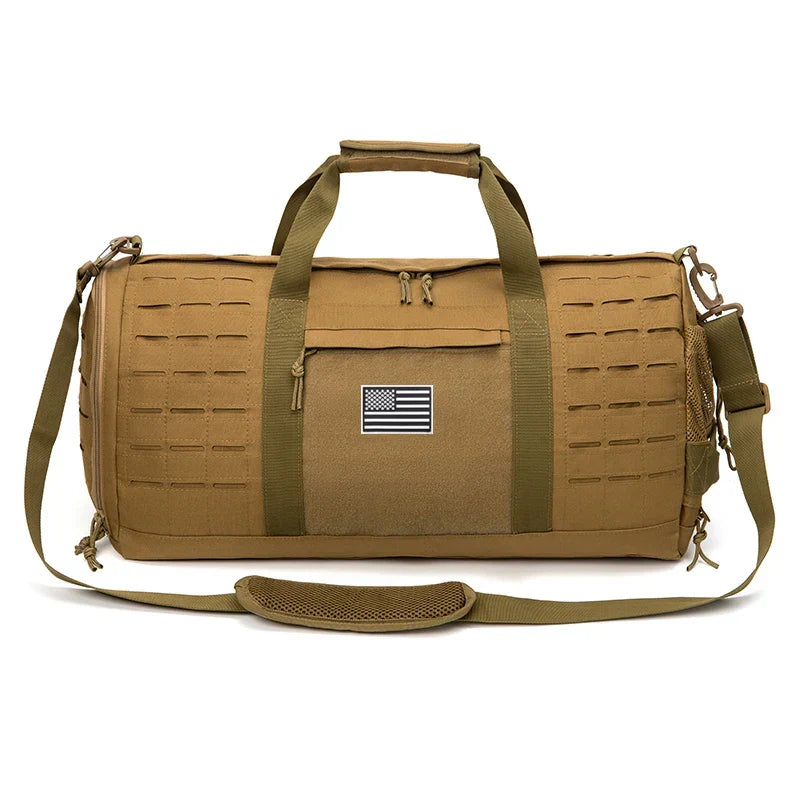 Khaki 40L tactical gym duffle bag with adjustable shoulder strap and durable fabric construction — view 2