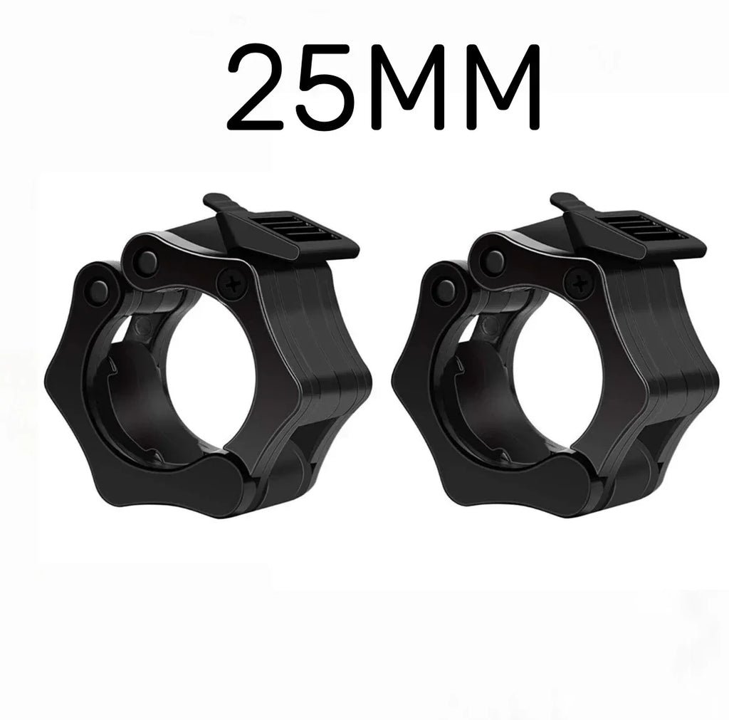 Black nylon quick release barbell clamps for secure weightlifting and strength training on 25mm bars — view 2