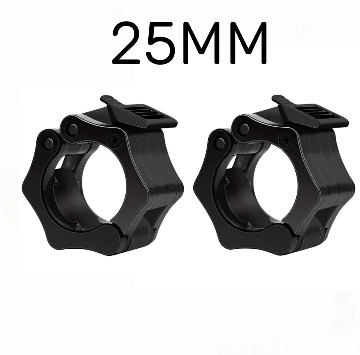 Black nylon quick release barbell clamps for secure weightlifting and strength training on 25mm bars — view 2