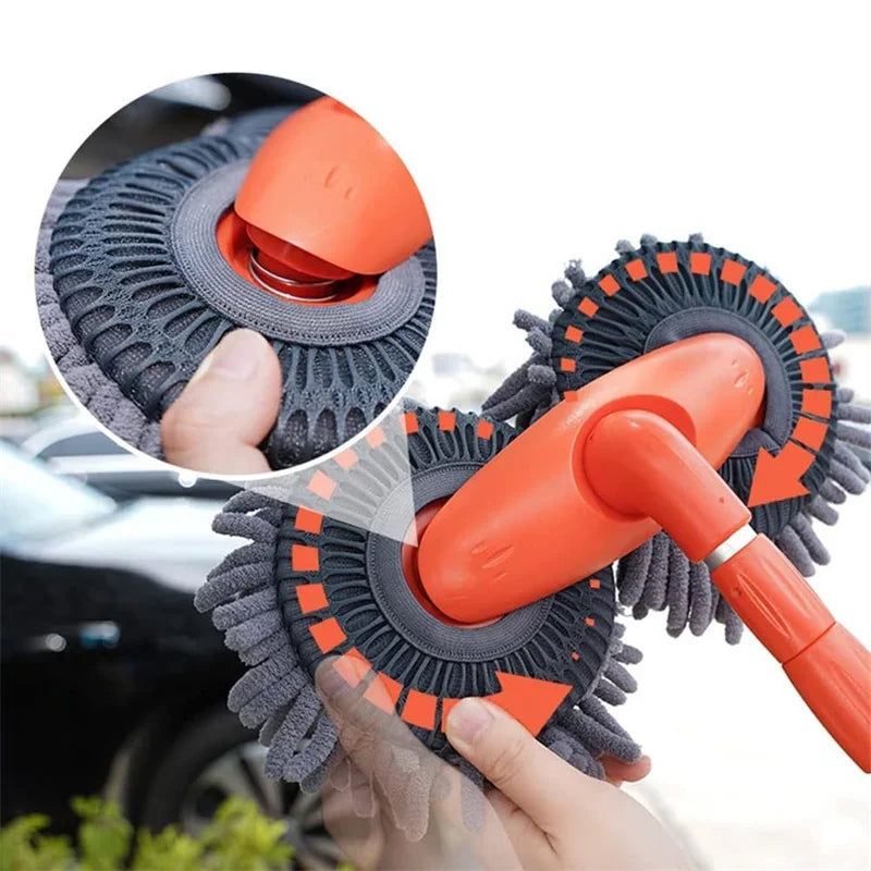 Orange telescopic car wash mop with 360-degree double rotating chenille microfiber brush head — view 4