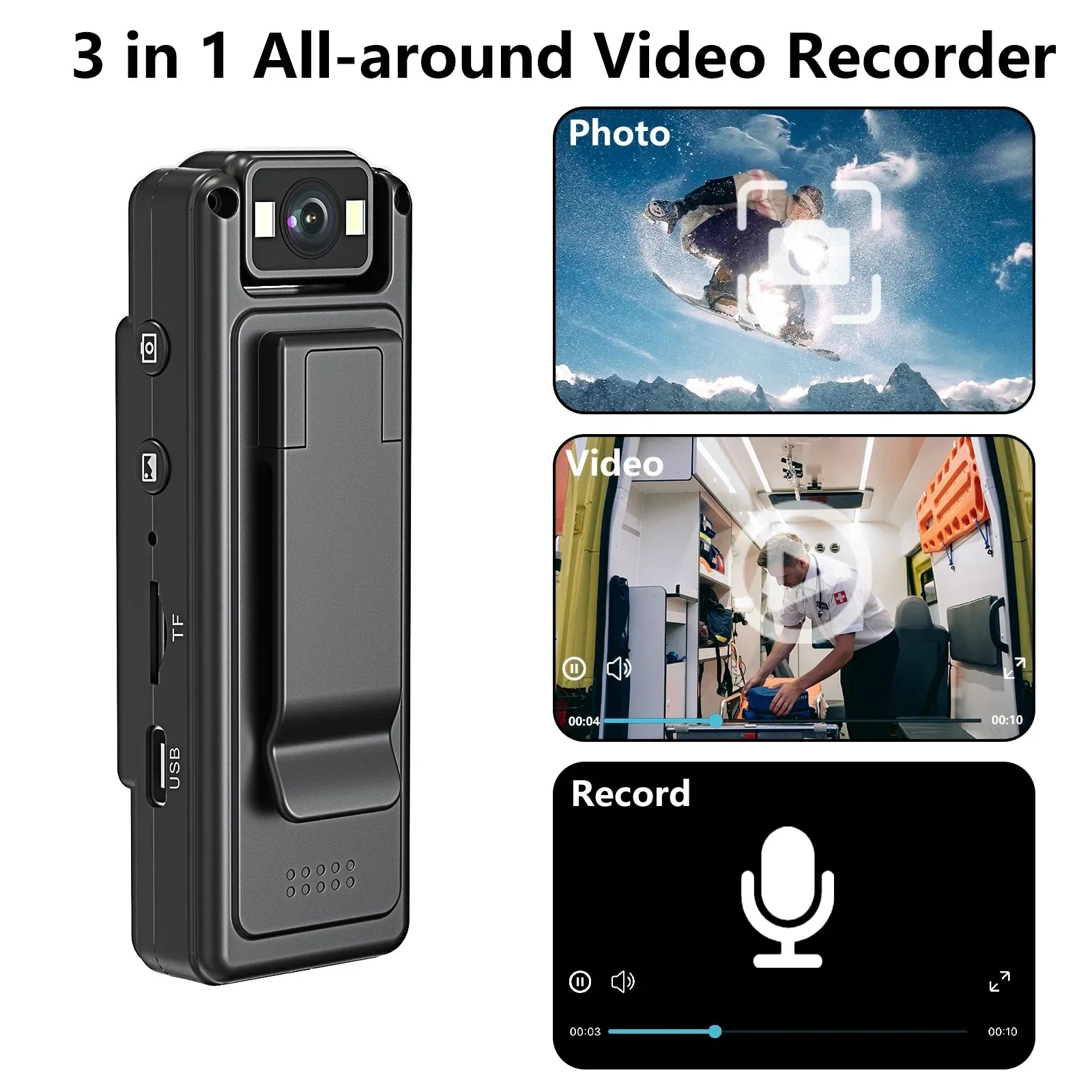 Black mini 1080P digital body camera with 180-degree rotatable lens and color LCD screen — view 5