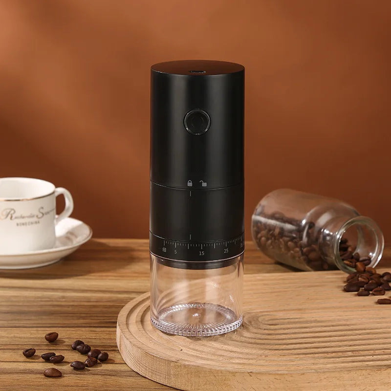 Portable black electric coffee grinder with ceramic burrs and USB-C charging cable — view 3