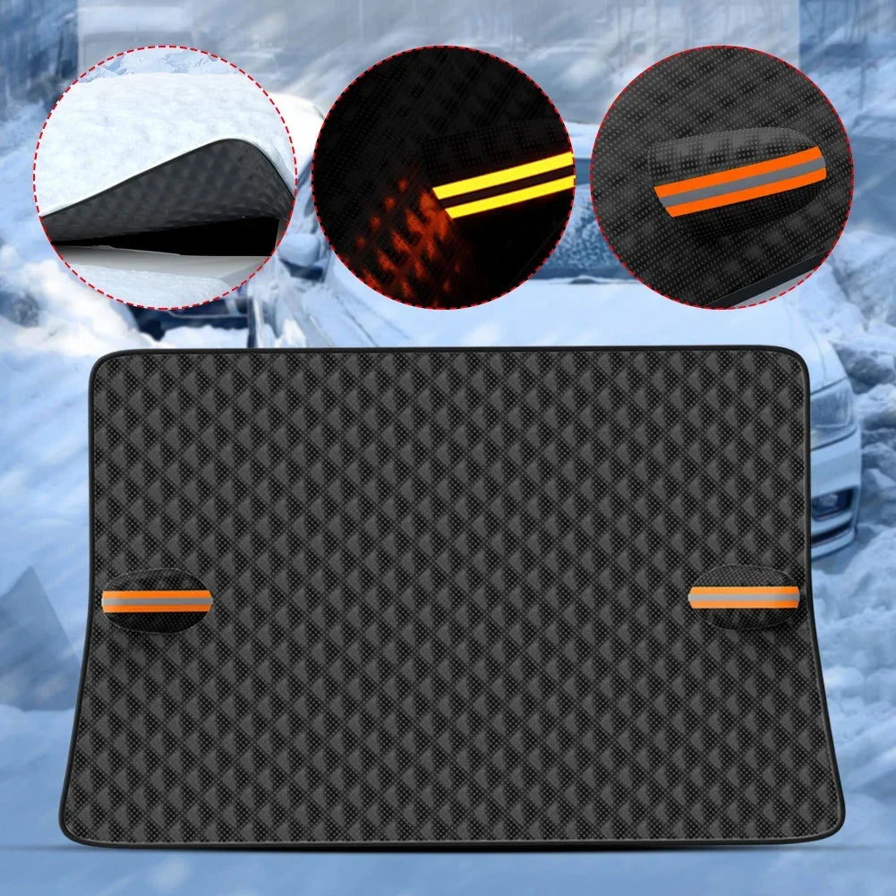 Black magnetic car windshield cover protecting vehicle glass from snow featuring aluminum film and reflective strips — view 5
