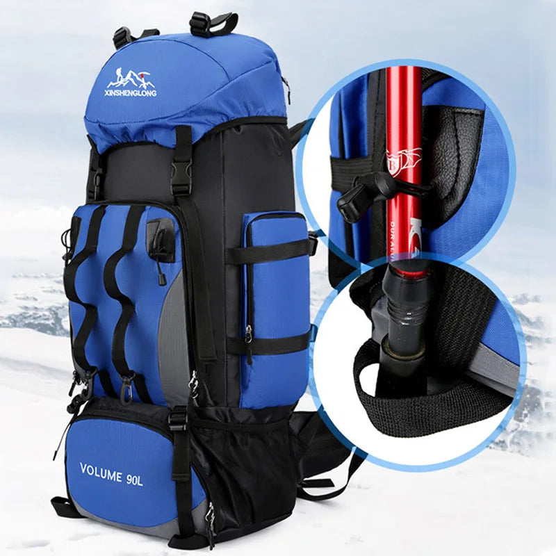 Waterproof trekking backpack in a large 90L capacity, designed for rugged hiking and camping adventures — view 3