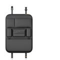 Black PU leather 6-pocket car backseat organizer installed on vehicle seat holding travel essentials