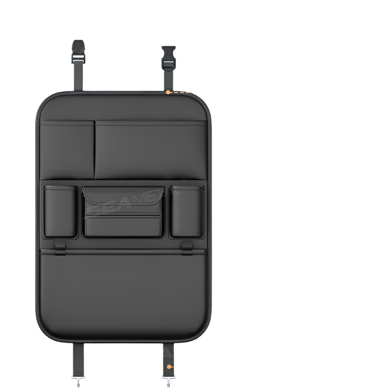 Black PU leather 6-pocket car backseat organizer installed on vehicle seat holding travel essentials