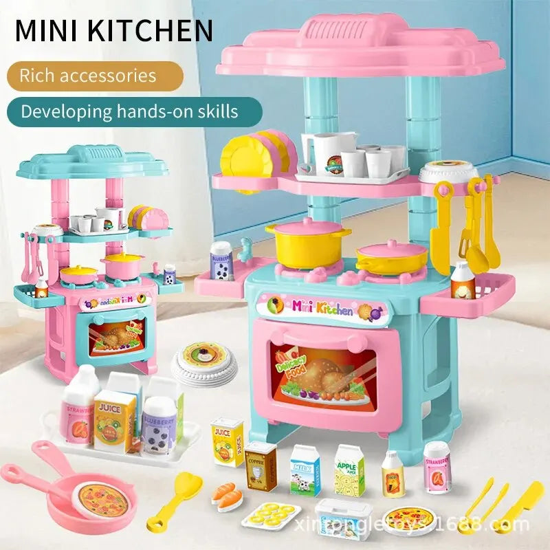 Complete pretend play kitchen set with colorful durable plastic tableware and assorted toy food ingredients