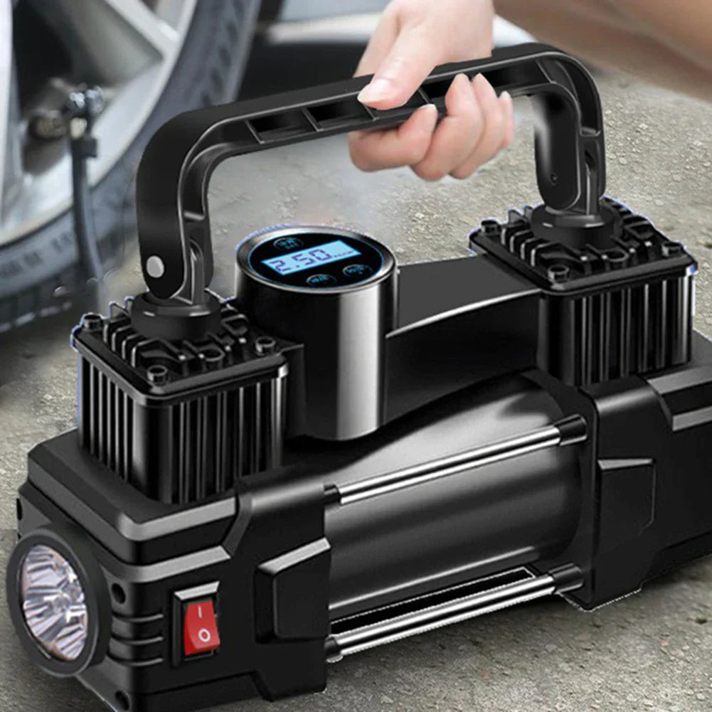 Black 12V heavy duty dual cylinder air compressor tire inflator with digital gauge and hose — view 2