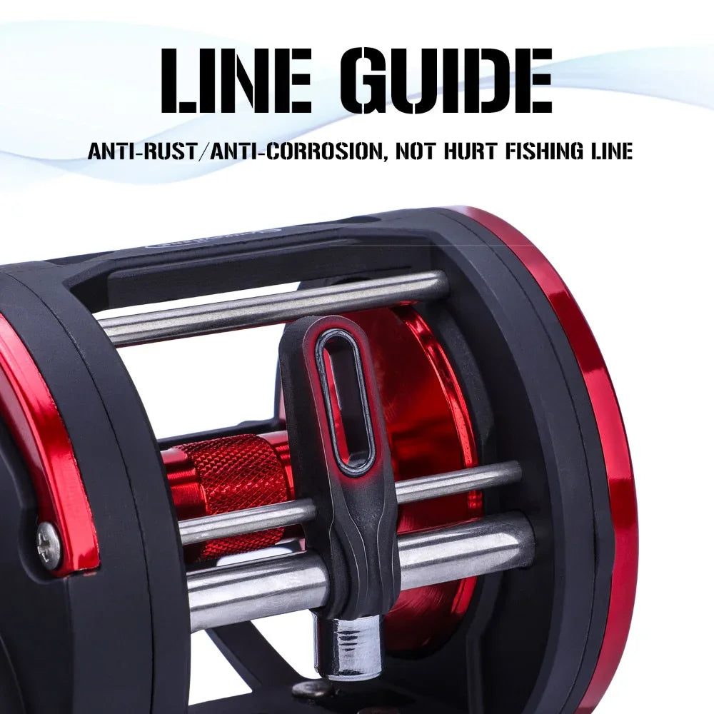 Red heavy-duty trolling fishing reel with an anodized aluminum body and right-hand retrieve — view 2
