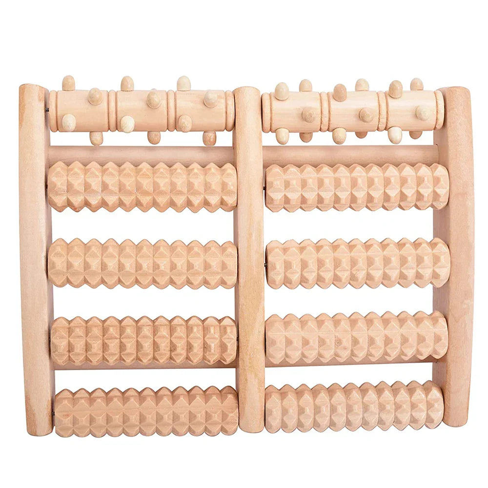 Brown wooden arched foot roller massager with five rows of acupressure nubs