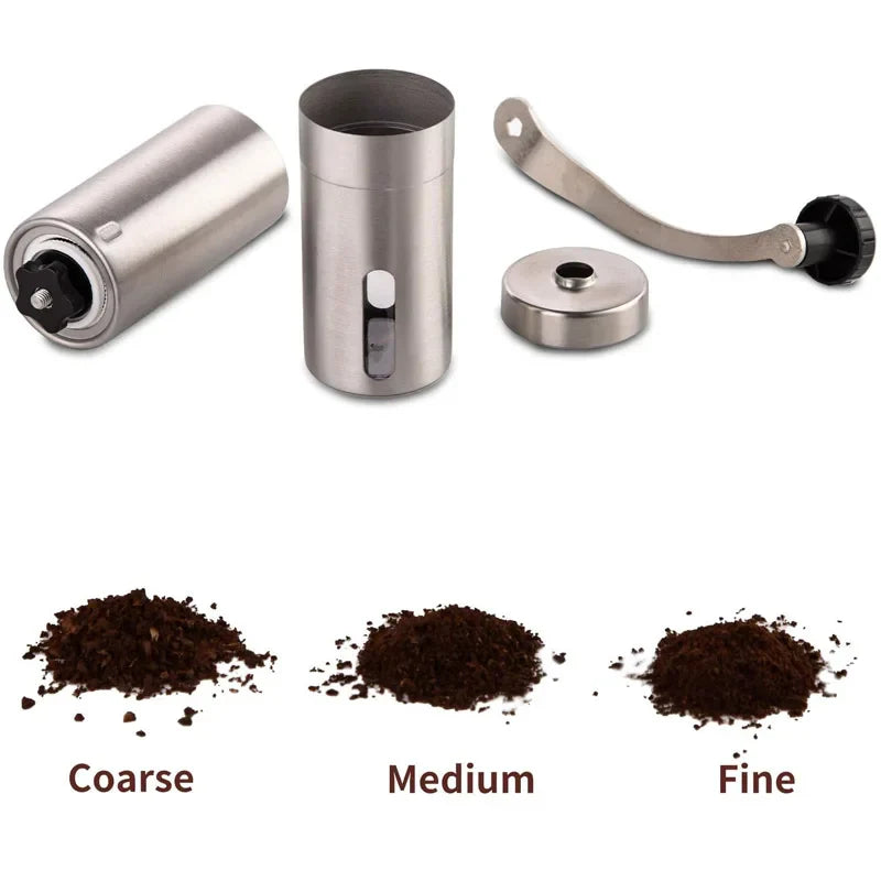Silver stainless steel manual coffee grinder with hand crank and ceramic burr mechanism — view 5