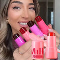 Sheer pink water jelly lip and cheek tint stick with a hydrating watercolor makeup finish
