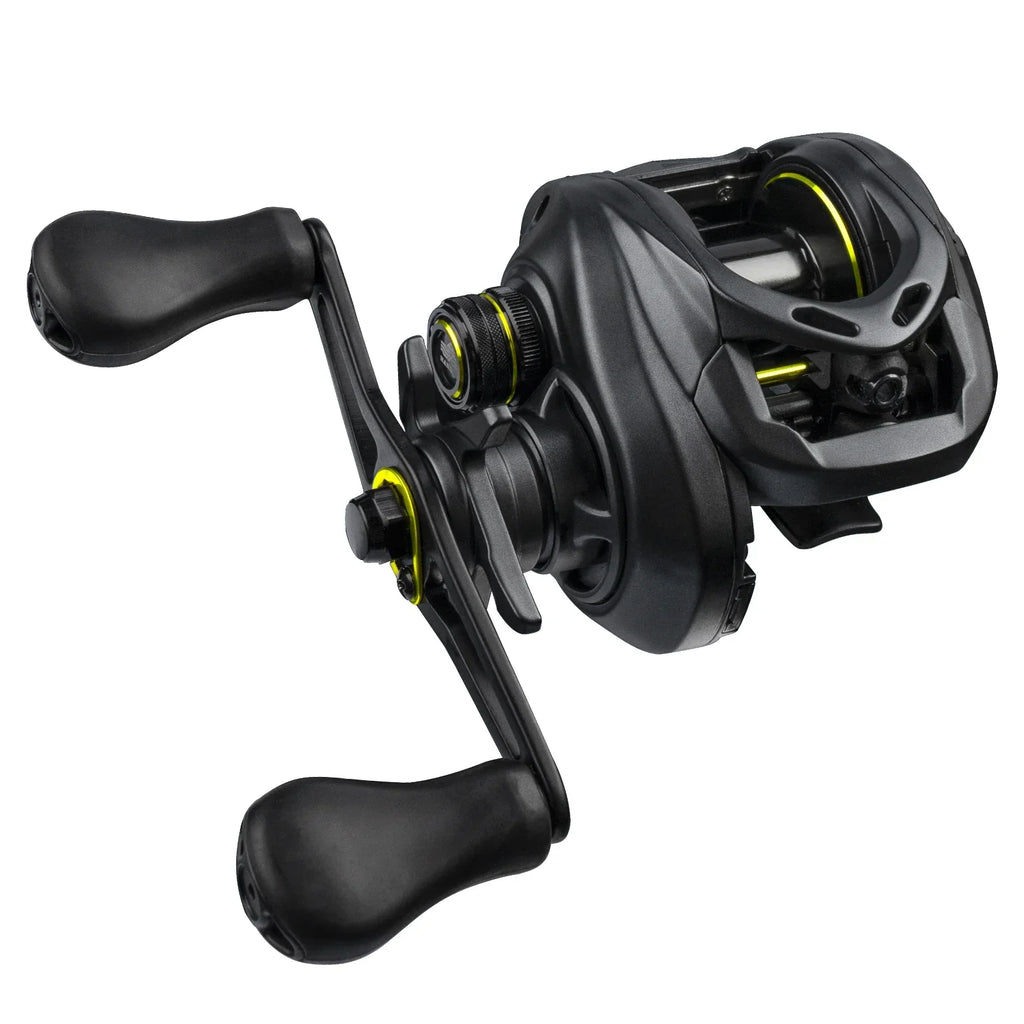 Black right handed M1 baitcast fishing reel with graphite frame and low profile design