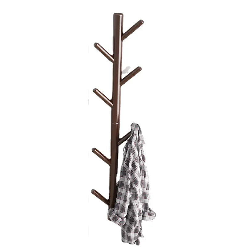 Rustic pine wall coat rack with 8 hooks in coffee color mounted on an entryway wall