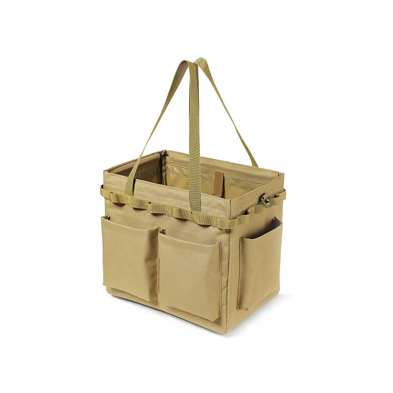 Khaki canvas multi-functional outdoor storage bag converting into a small portable camping table. — view 4