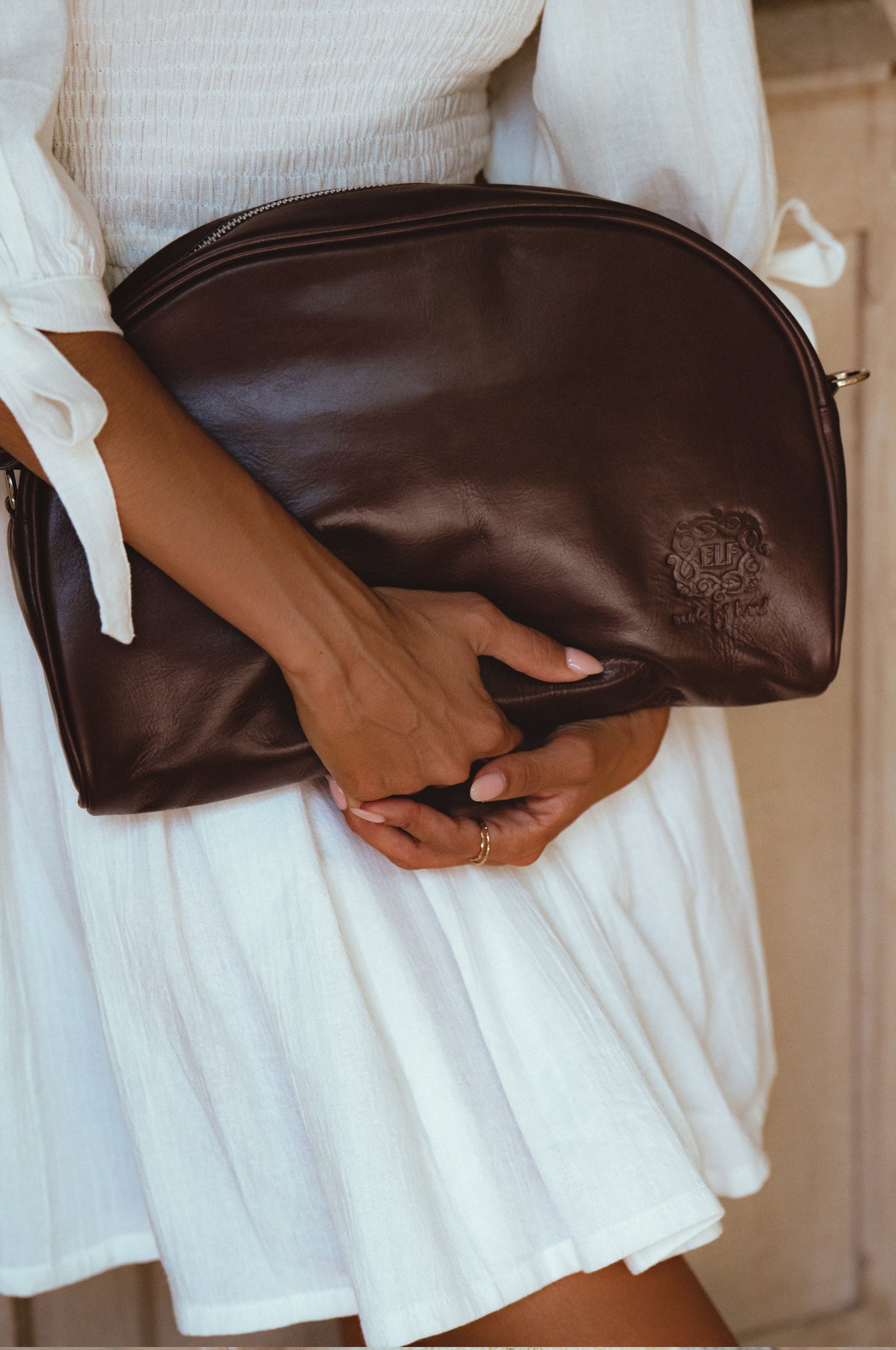 Brown Sabine genuine leather crossbody handbag and oversized clutch with adjustable shoulder strap